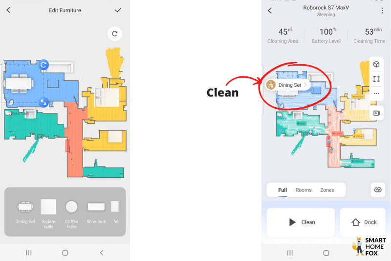 На карте Roborock S7 MaxV Ultra выбираются отдельные предметы мебели, под которыми будет производиться уборка